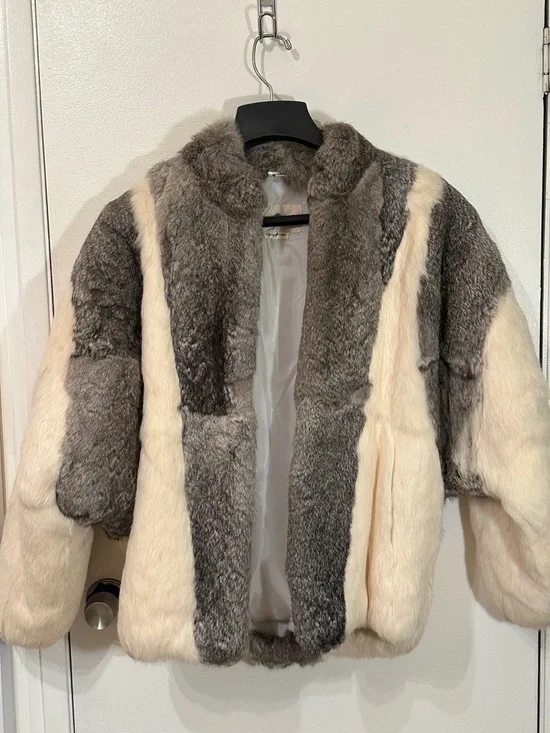 Luxury Two-Tone rabbit Fur Jacket in Gray and Cream vintage - Picture 1 of 6